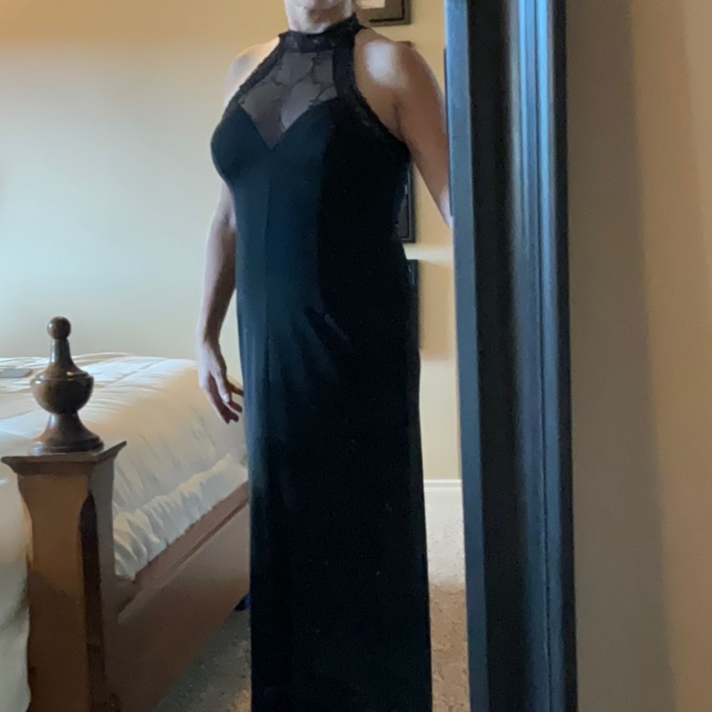 Full length black Christmas dress.